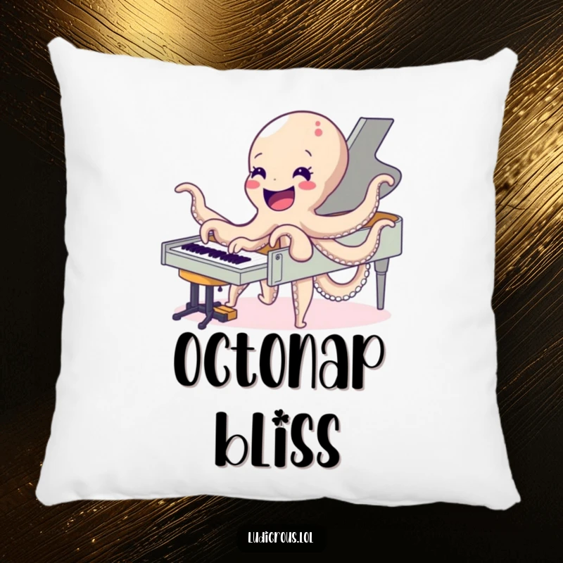 Funny pillow featuring a delighted octopus playing a piano with all its arms, offering comfort and a musical, humorous decor element.