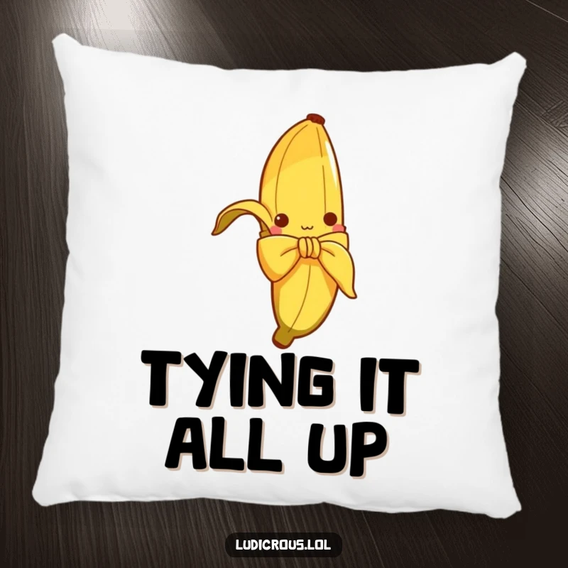 Funny pillow with a curious banana peel hilariously attempting to tie a bow, offering both comfort and a dose of amusement.