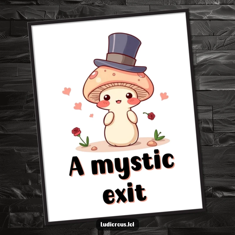 Funny digital art print of a blushing mushroom in a top hat trying to disappear, offering whimsical and humorous decor for easy wall art.