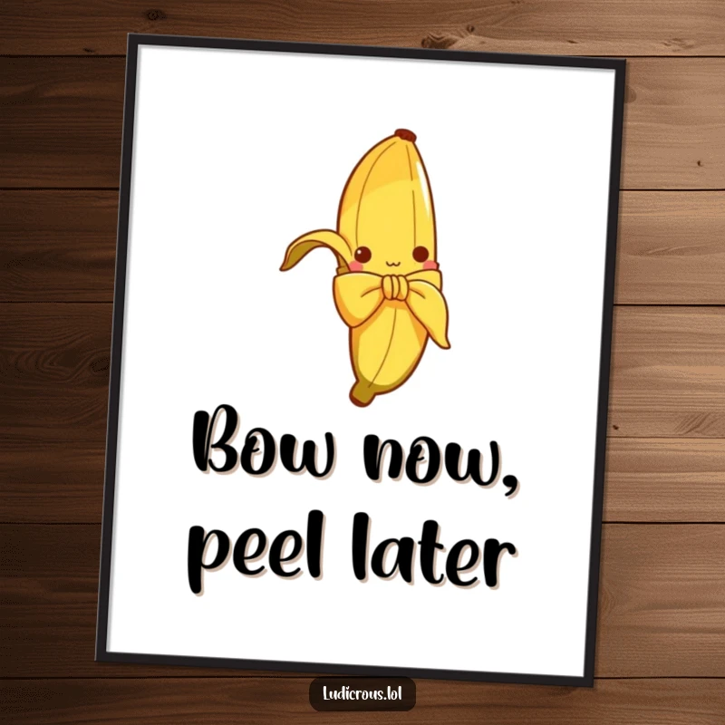 Funny digital art print of a curious banana peel hilariously attempting to tie itself into a bow, ready for instant download and display.