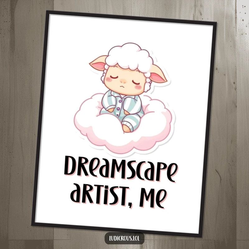 Funny digital art print of a sleepy sheep in pajamas floating on a cotton candy cloud, offering instant whimsical decor and humor.