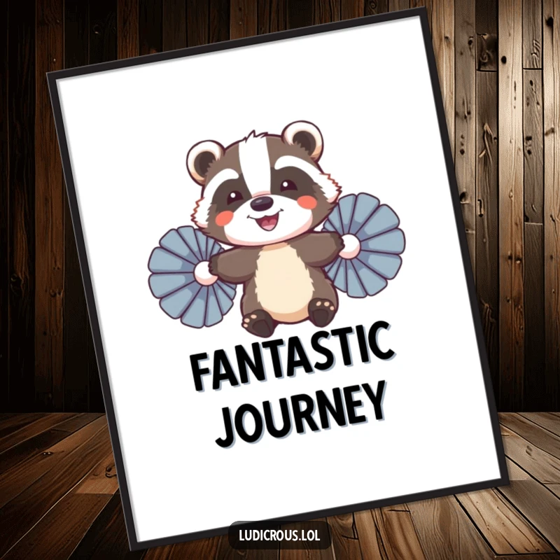 Funny Badger Digital Art Print, a smiling badger using feather fans to try flying, depicting ambition and humor.