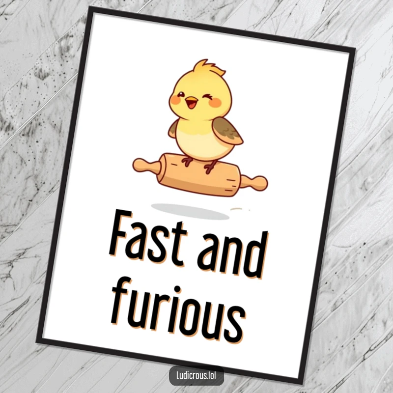 Funny Chickadee Digital Art Print, a giggling chickadee riding a runaway rolling pin, depicting pure joy and whimsy.