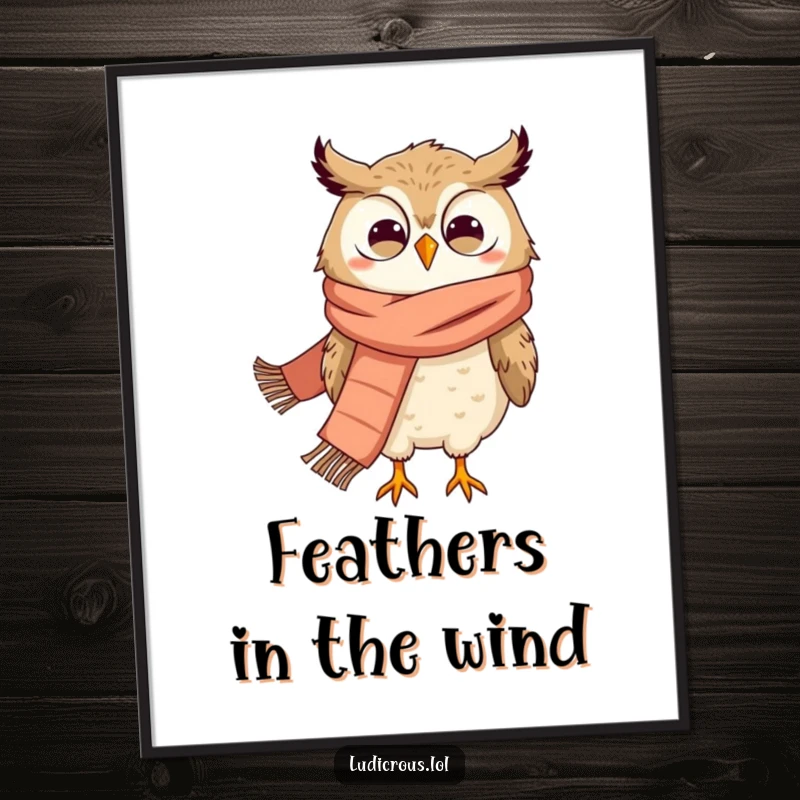 Funny digital art print of a grinning owl wearing a giant scarf, hilariously being blown away by the wind.