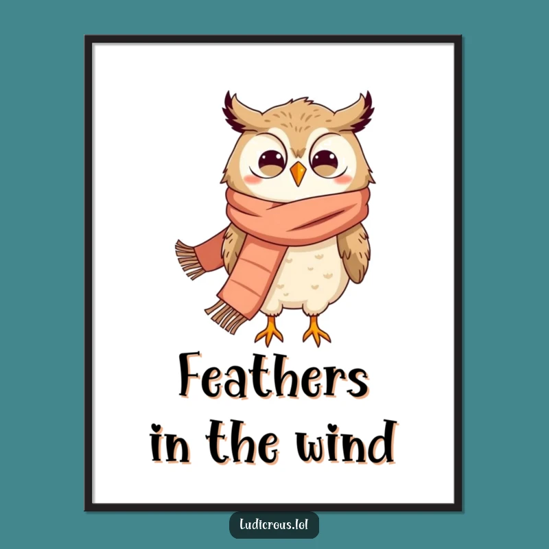 Funny Owl Digital Art: Grinning Owl Scarf, Windblown Scene, Hilarious Instant Download Art Gift
