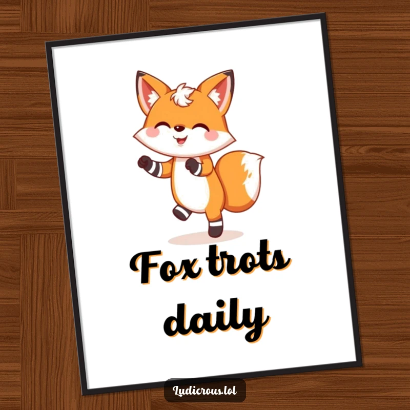 Funny digital art print of a cheerful fox wearing mismatched socks and doing a silly dance, perfect for joyful decor.