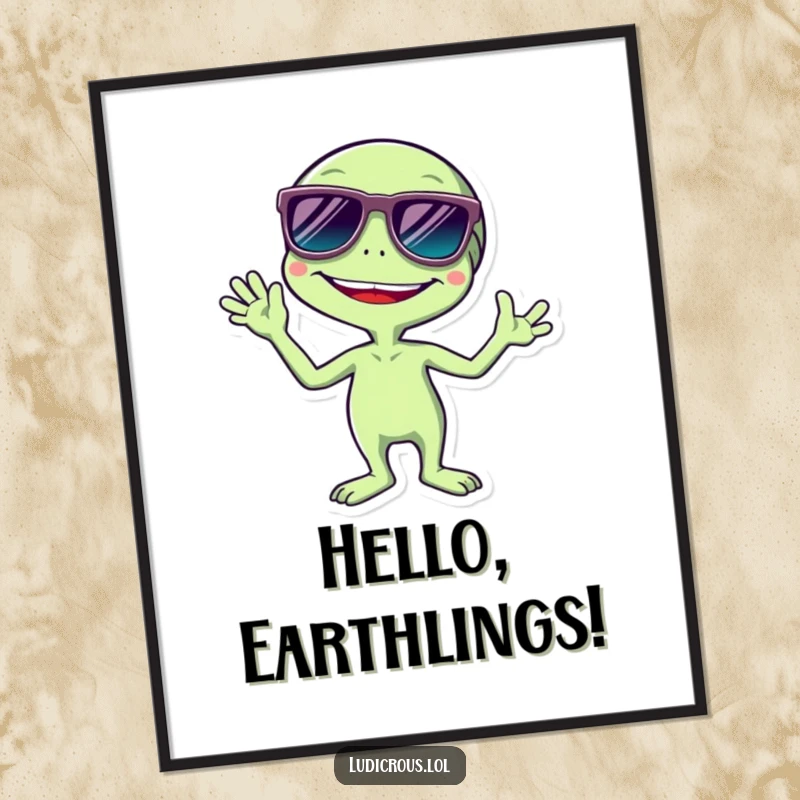 Funny digital art print of a gleeful alien wearing oversized sunglasses and waving enthusiastically, capturing pure extraterrestrial joy for your walls.