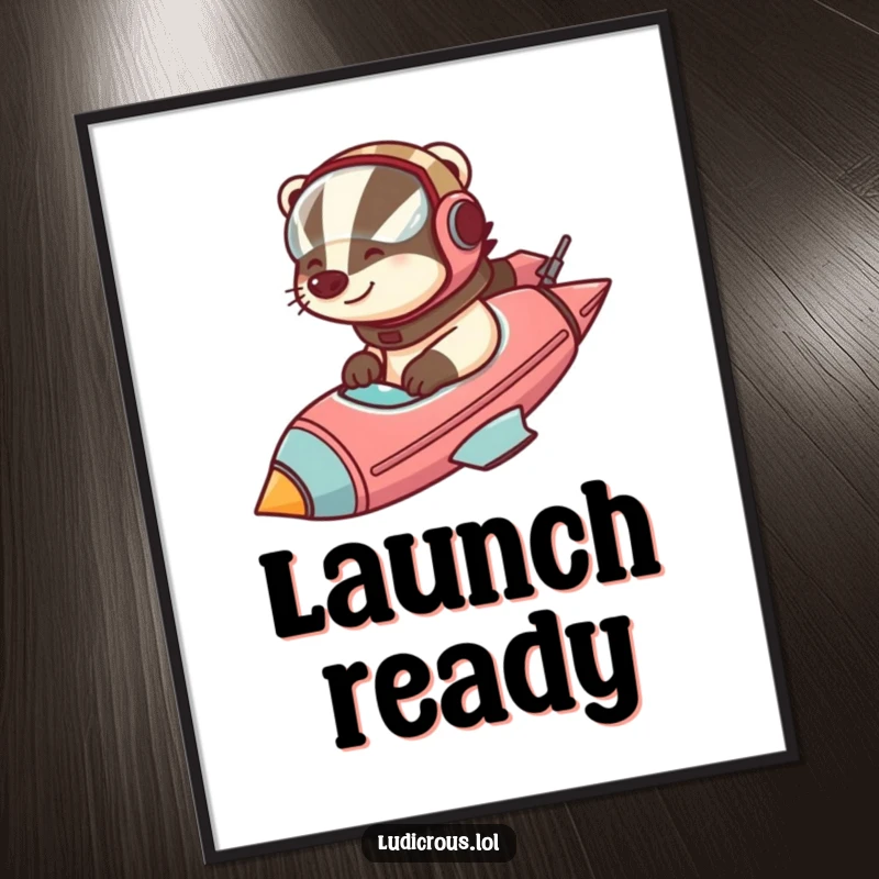 Funny badger wearing a helmet pilots a comically large rocketship, ready for launch, as a high-resolution digital art print.