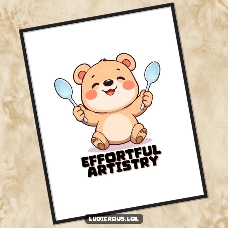 Funny digital art print of a smiling bear cub juggling bent spoons. High-quality, humorous wall art celebrating effort and charm.