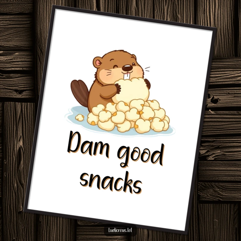 Funny digital art print of a determined beaver building a dam using oversized popcorn, perfect for humorous wall decor.