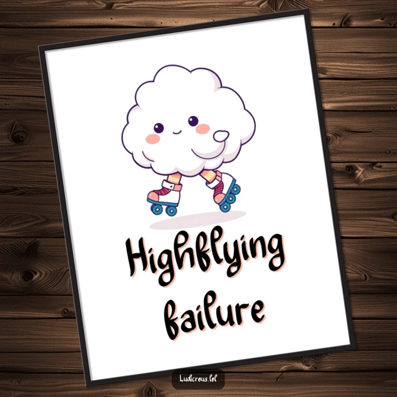 Funny cloud character on roller skates, wobbling hilariously, a high-resolution digital art print for whimsical decor.