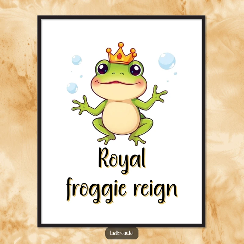 Funny Digital Art Print of a silly frog character in a tiny crown, juggling slippery soap bubbles, instant decor.