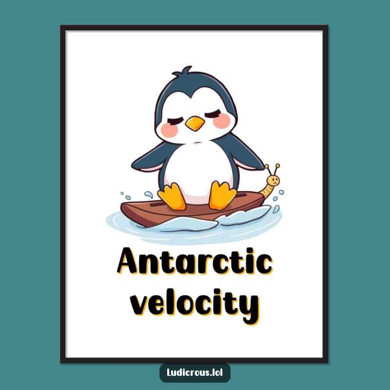 Funny Digital Art Print - Penguin Waterskiing Snail - Instant Arctic Humor Gift!