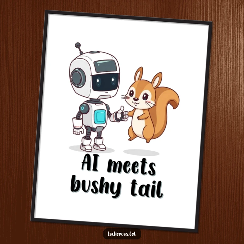 Funny Digital Art Print of a confused robot attempting a high-five with a mischievous squirrel, instant tech decor.