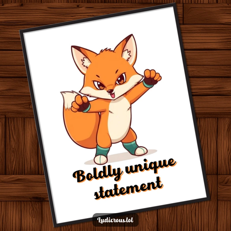Funny digital art print of a determined fox in a dramatic pose, wearing mismatched socks. High-quality, humorous wall art for a bold statement.