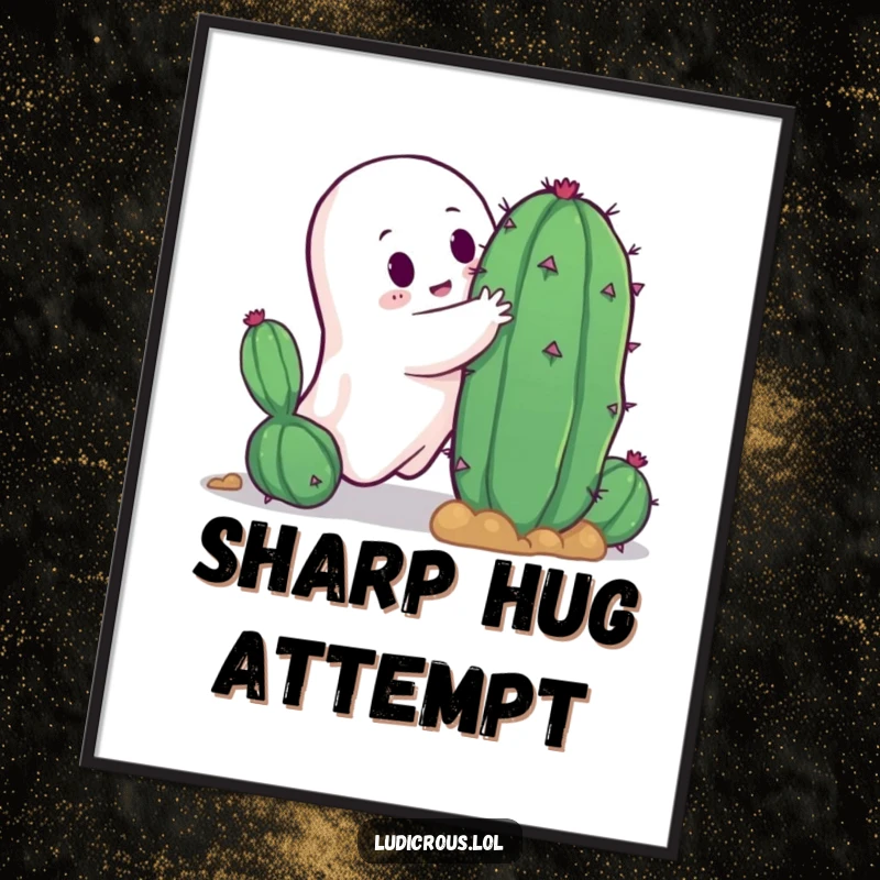 Funny ghost's comical hug attempt with a spiky cactus, a high-resolution digital art print for instant humorous wall decor.