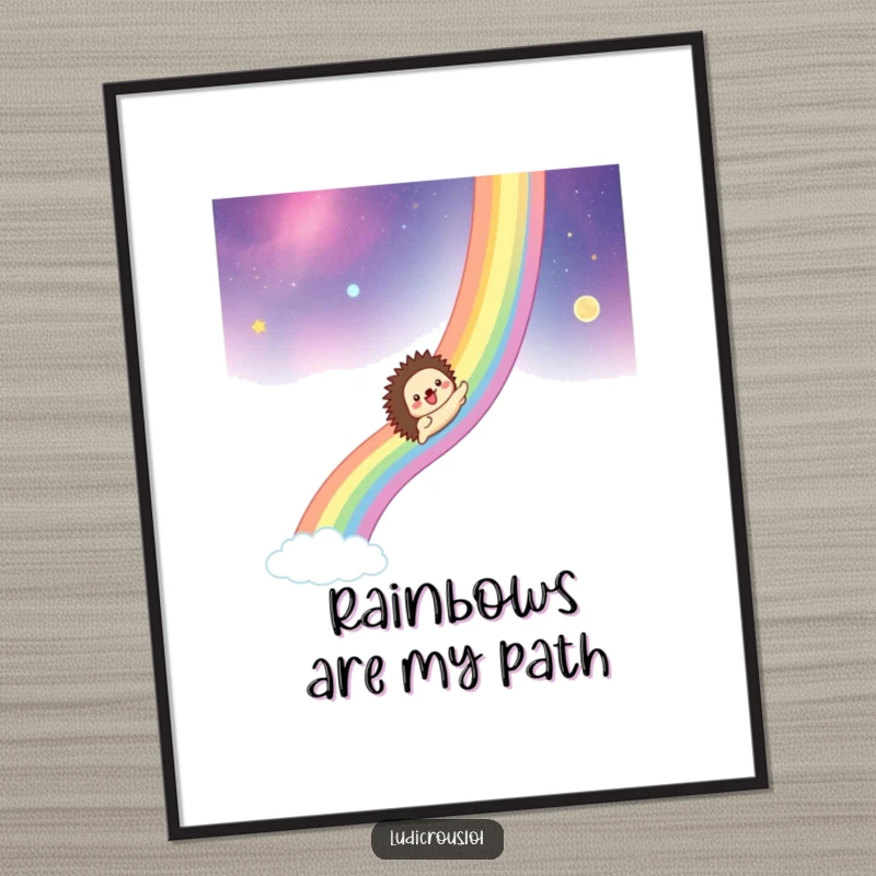 Funny digital art print of a hedgehog gleefully sliding down a rainbow across a vast, star-filled cosmic expanse, magical decor.