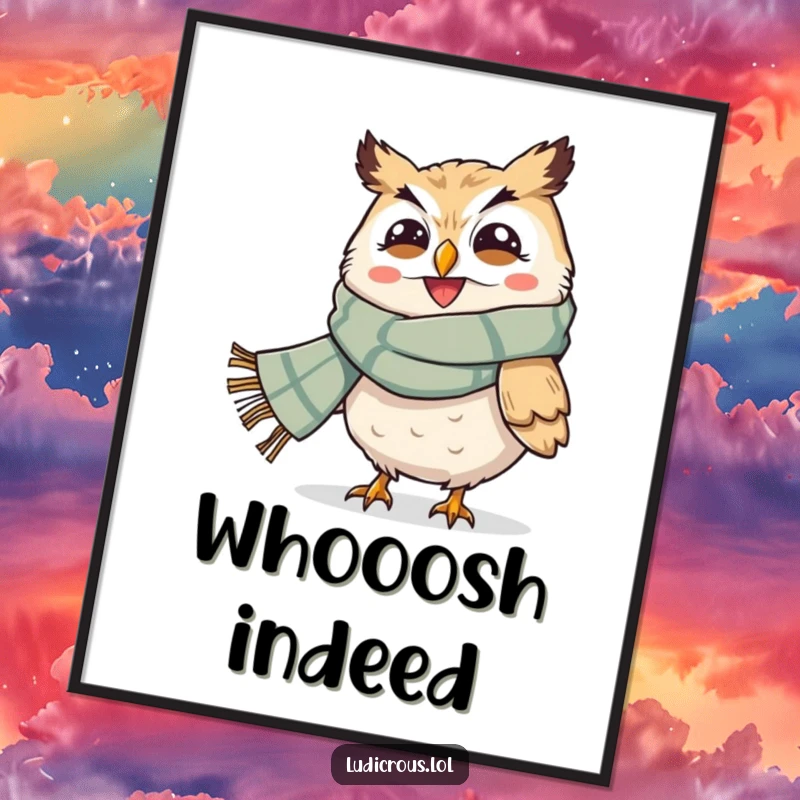 Funny digital art print of a grinning owl with a giant scarf dramatically blown by the wind, perfect for humorous decor.