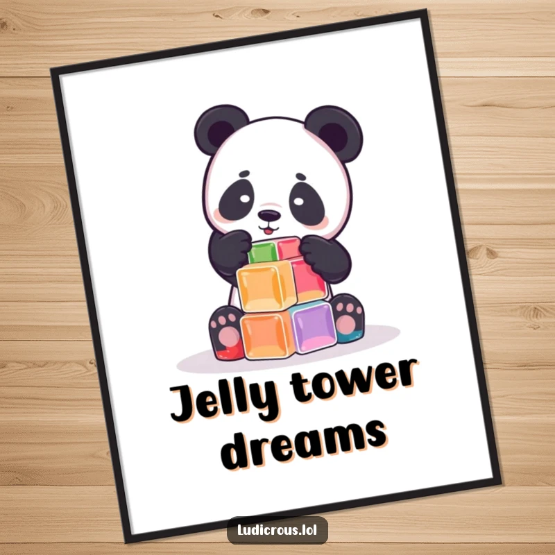 Funny playful panda attempts to build a tower out of wobbly Jell-O cubes, presented as a digital art print for instant sweet wall decor.