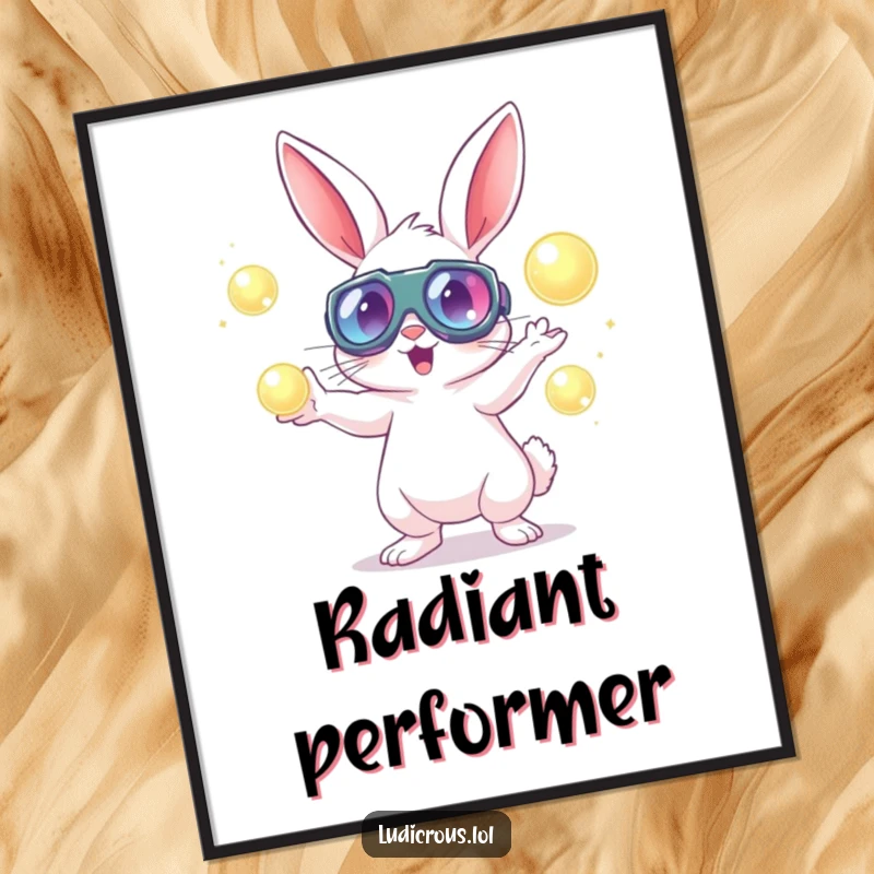 Funny rabbit in oversized goggles energetically juggles luminous glowing orbs, available as a downloadable digital art print.