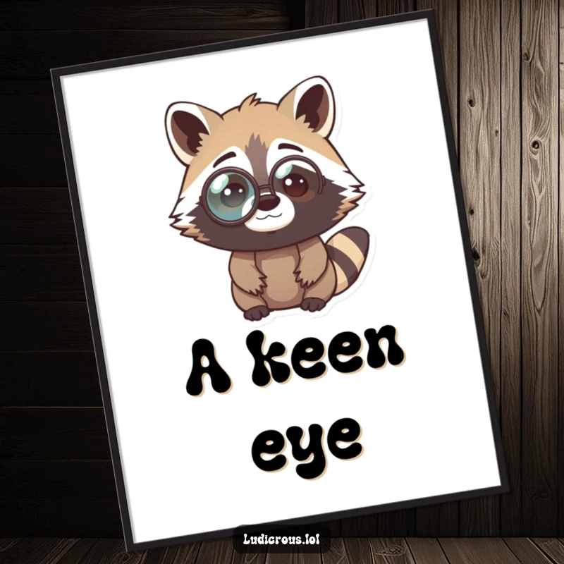 Funny raccoon digital art print depicting a curious bandit wearing an oversized monocle, looking perplexed, creating intellectual and humorous wall art.