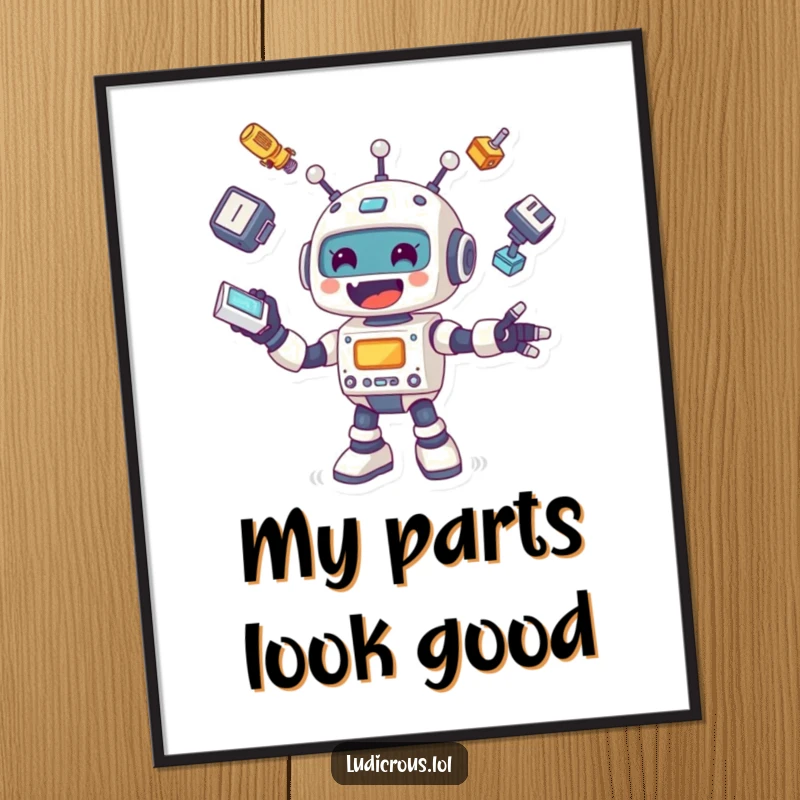 Funny digital art print of a cheerful robot with a joyful expression, enthusiastically juggling its own dismembered limbs and head in a comical spectacle.