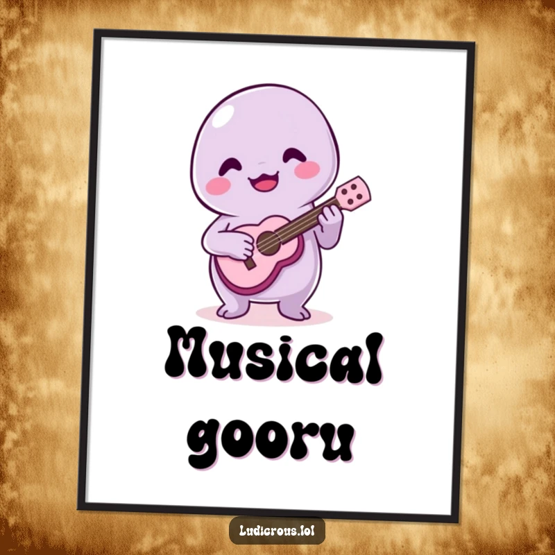 Funny digital art print of a joyful slime creature playing a tiny ukulele poorly, radiating happiness and humor.