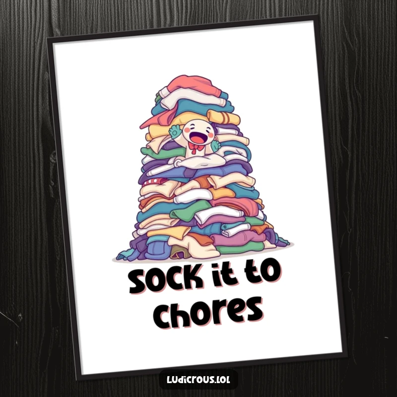 Funny digital art print of a determined sock puppet attempting to climb a monumental pile of laundry, adding motivational cheer.