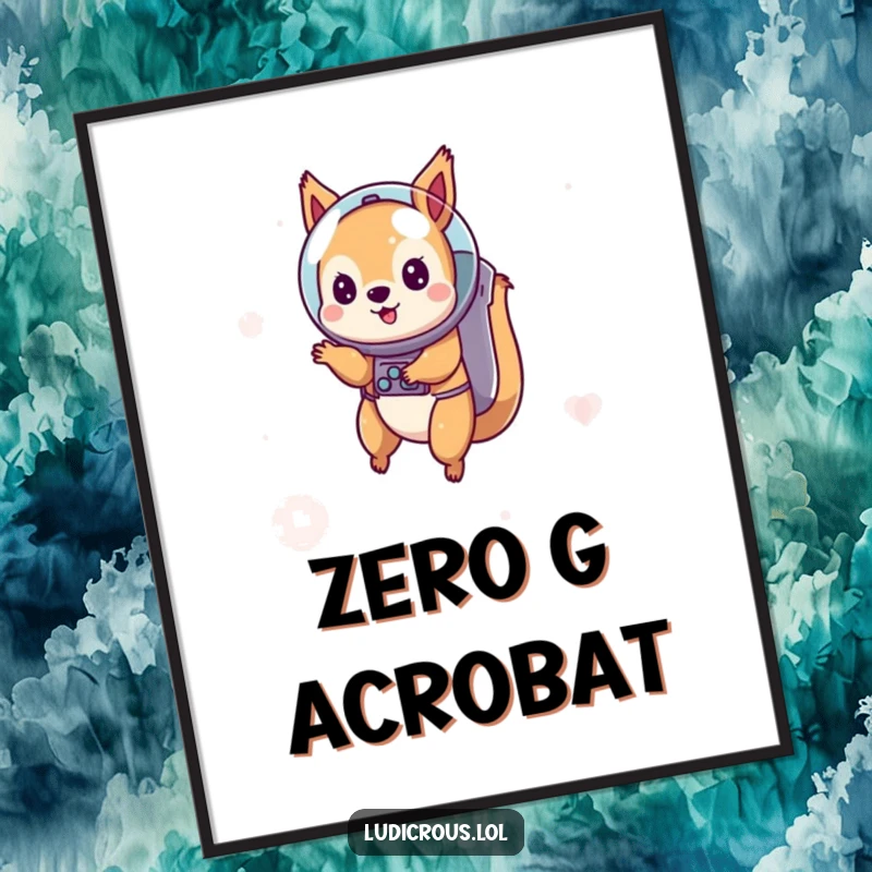 Funny digital art print of a playful squirrel in an astronaut helmet floating in space, perfect for humorous and whimsical decor.