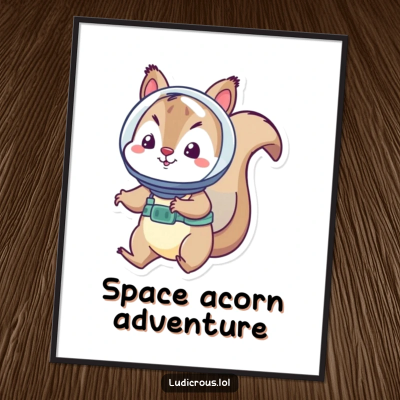 Funny squirrel digital art print features a playful squirrel in a tiny helmet floating weightlessly amidst stars and nebulae.