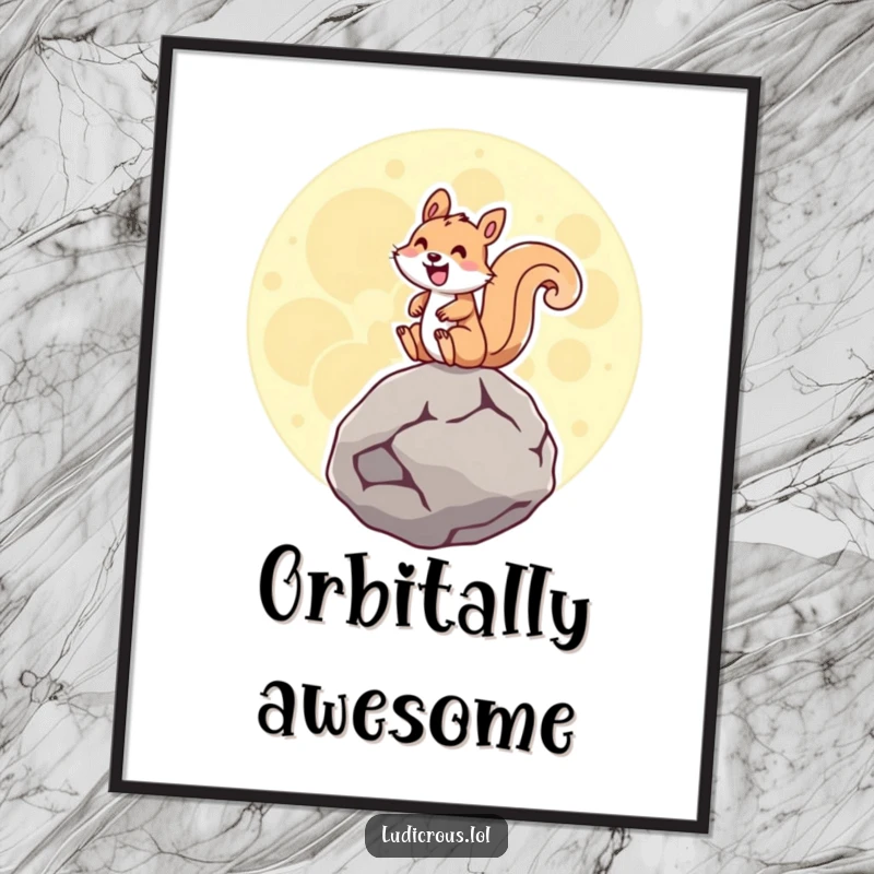 Funny squirrel excitedly riding a giant hovering moon rock with a huge grin, as a high-resolution digital art print.