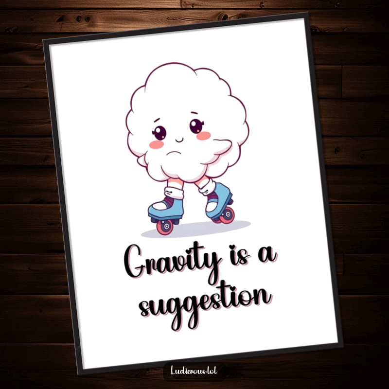 Funny digital art print of a fluffy cloud roller skating, depicted in a funny, off-balance, wobbling state.