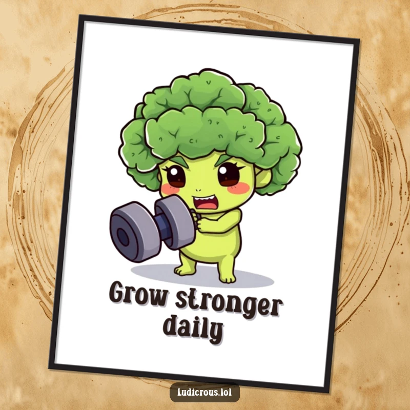 Funny broccoli floret digital art print, comically determined to lift a dumbbell, capturing a humorous pursuit of fitness.