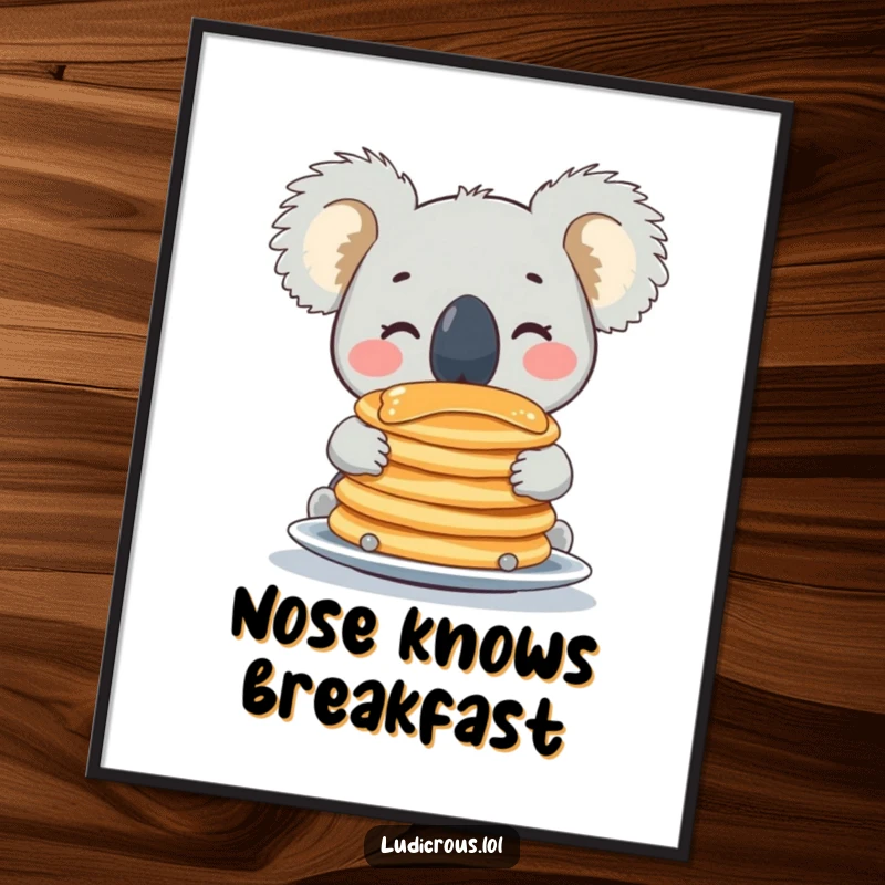 Funny koala digital art print, beaming while balancing pancakes on its nose, for instant humorous wall decor.
