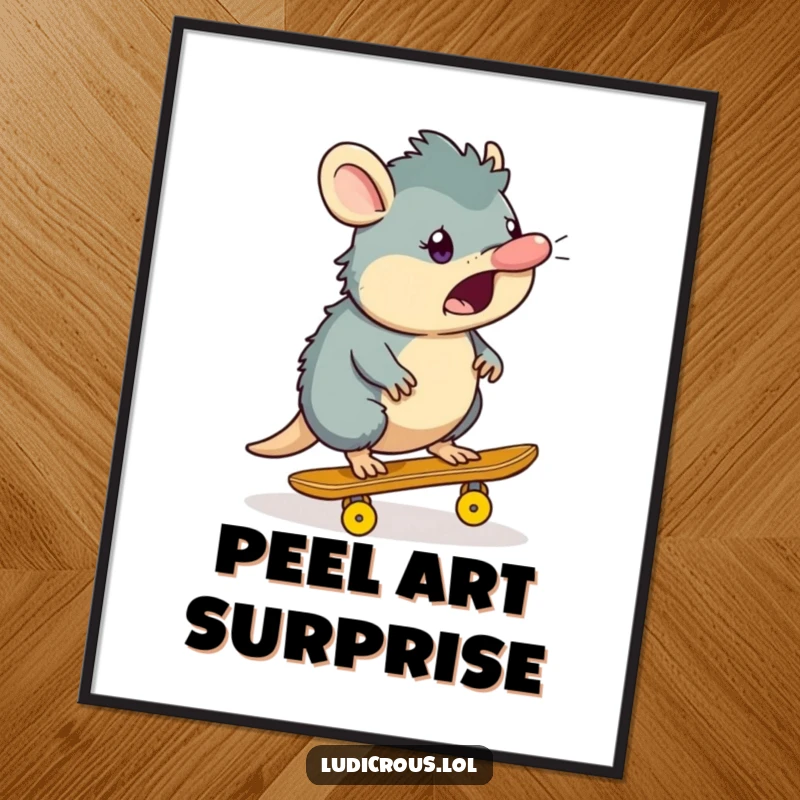 Funny platypus digital art print of a surprised platypus character skateboarding on a banana peel, perfect for funny digital decor.