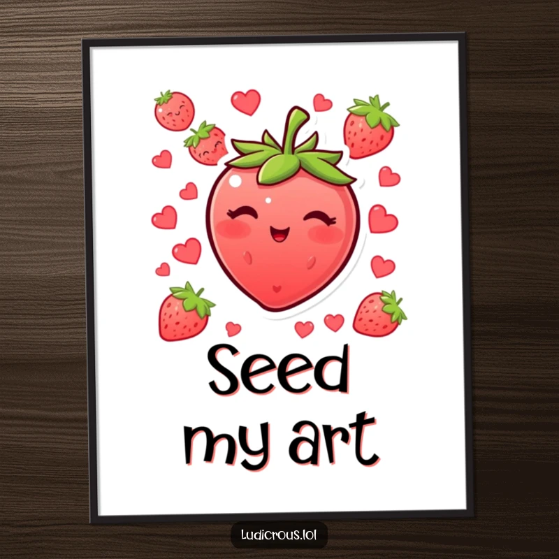 Funny blushing strawberry digital art print winking with its seeds, a cheerful and humorous fruit illustration.