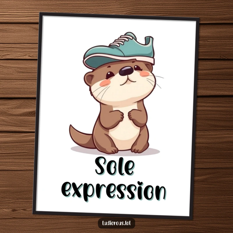 Funny Otter Digital Art Print, a curious otter with a shoe on its head, a playful and whimsical piece of art.