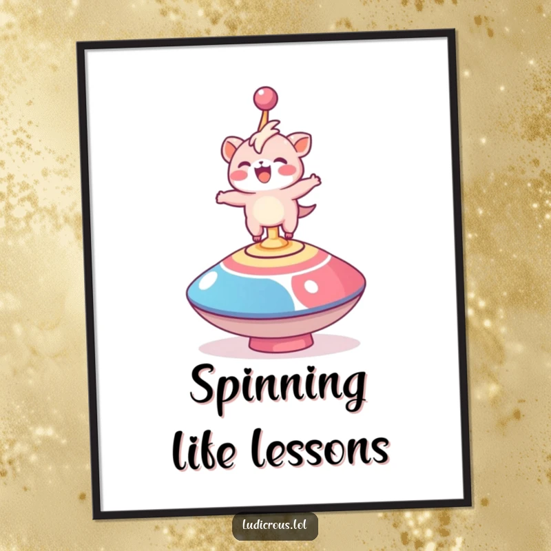 Funny digital art print of a delighted creature comically balancing on a giant spinning top, for whimsical decor.