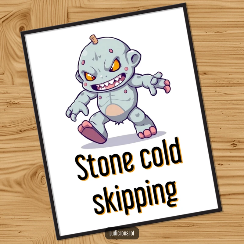 Funny determined golem character trying to skip with heavy feet, this digital print offers instant humor.