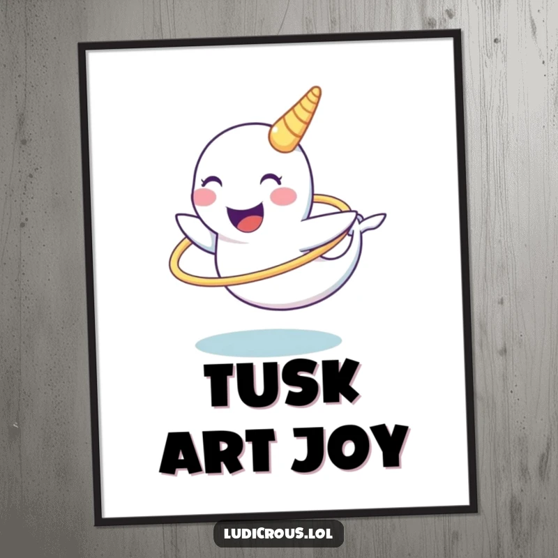 Funny narwhal digital art print of a laughing narwhal character attempting to hula hoop with its tusk, perfect for funny online decor.