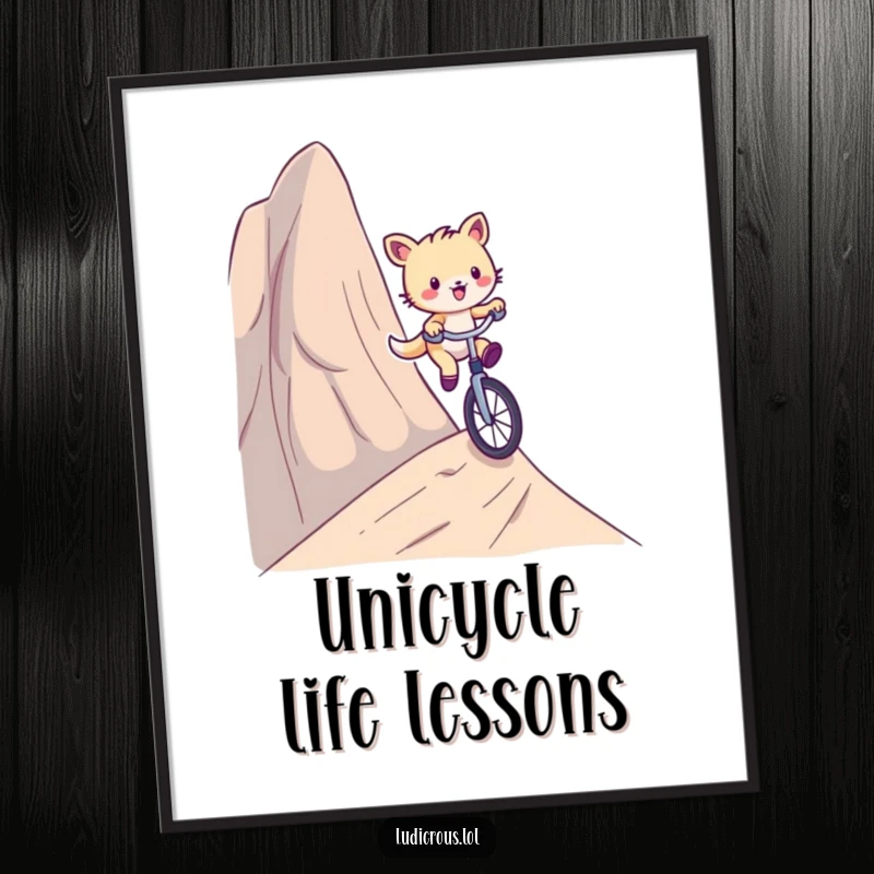 Funny digital art print of a playful critter comically riding a unicycle down a ridiculously steep hill, for adventurous decor.