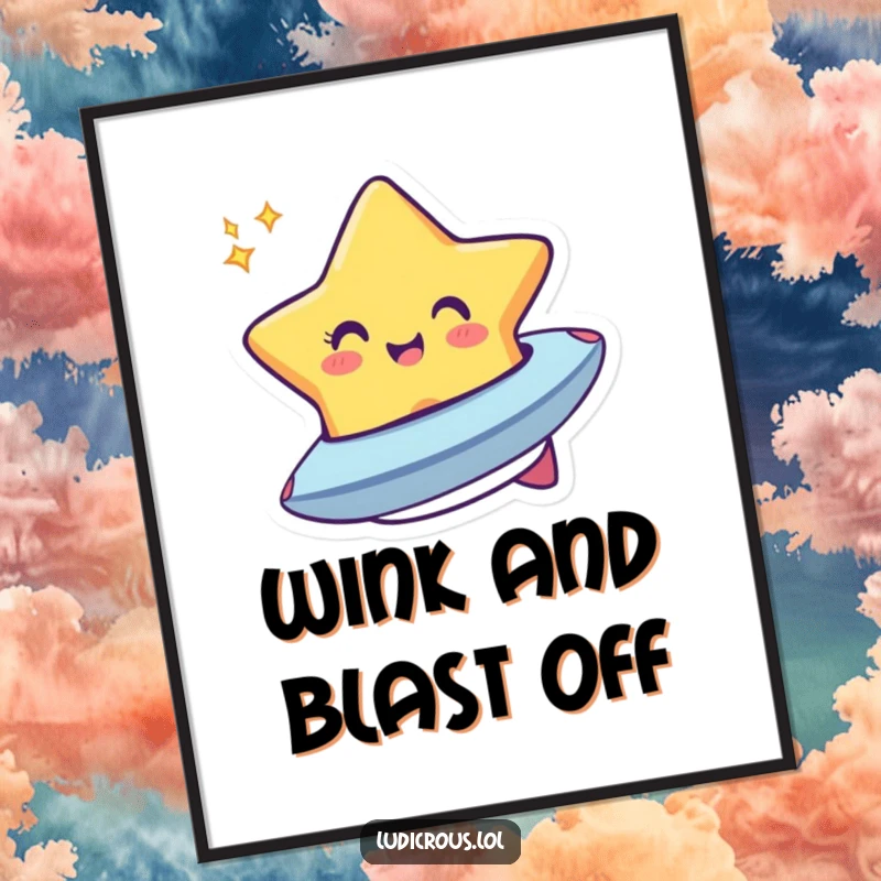 Funny digital art print of a cheerful star winking and morphing into a tiny spaceship, ready for instant download and display.