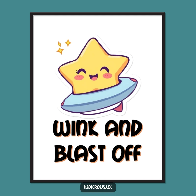 Funny Star Spaceship Digital Art: Winking Celestial Printable, Instant Gift