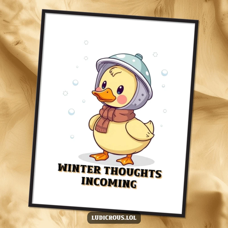 Funny digital art print of a duck wearing a colander helmet, humorously catching snowflakes, whimsical and comical wall decor.