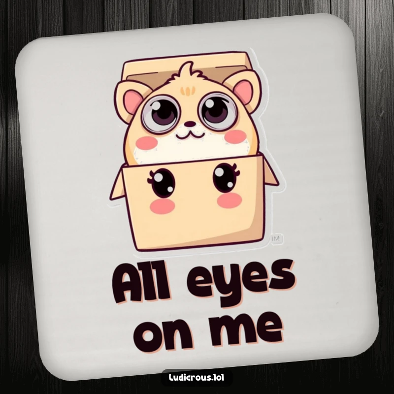 Funny coaster design of a creature with many eyes, peeking from a small box, adding humor and surface protection.