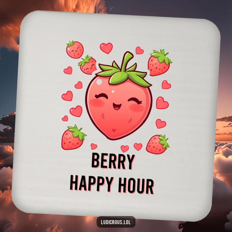 Funny blushing strawberry drink coasters winking with their seeds, a set of charming and humorous coasters.