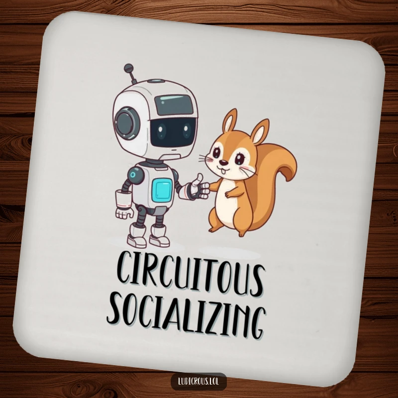 Funny Drink Coaster with a confused robot attempting a high-five with a mischievous squirrel, practical tech humor.