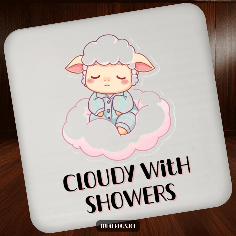 Funny drink coaster with a sleepy sheep in pajamas, floating on a cotton candy cloud, protecting surfaces with adorable and humorous art.