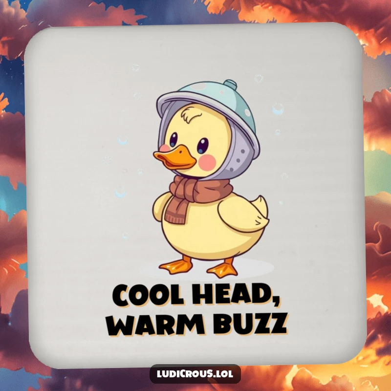 Funny drink coaster featuring a duck wearing a colander helmet, humorously catching snowflakes, protecting surfaces with style.