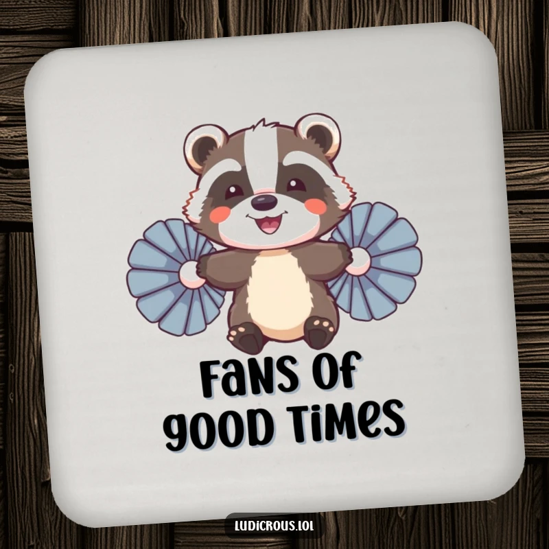 Funny Badger Coaster, a smiling badger attempting flight with feather fans, protecting surfaces with whimsical ambition.